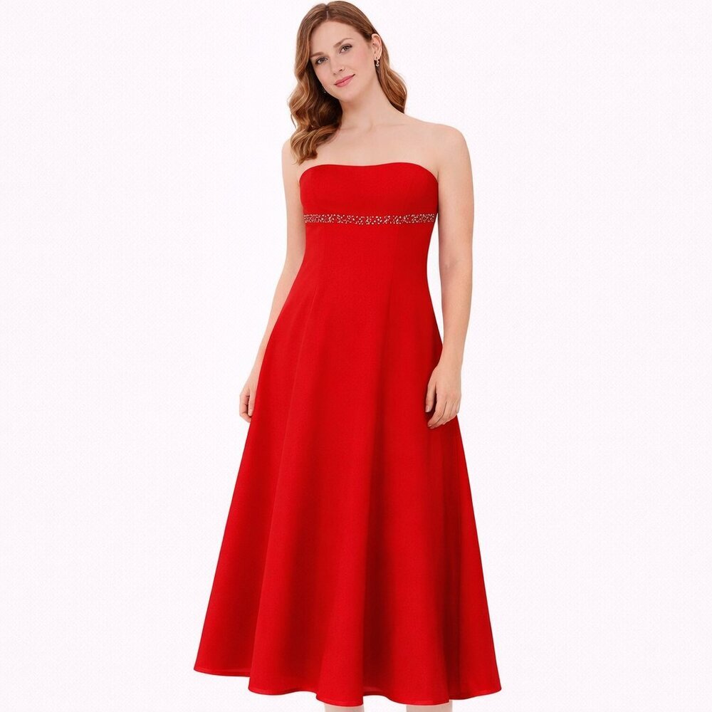 Bill Levkoff - Red Strapless Formal Gown – Elegant Beaded Empire Waist Size: 6.